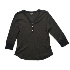 LRL Black Label Women's L Henley W/ Gold Metallic Thread Buttons Western Rodeo